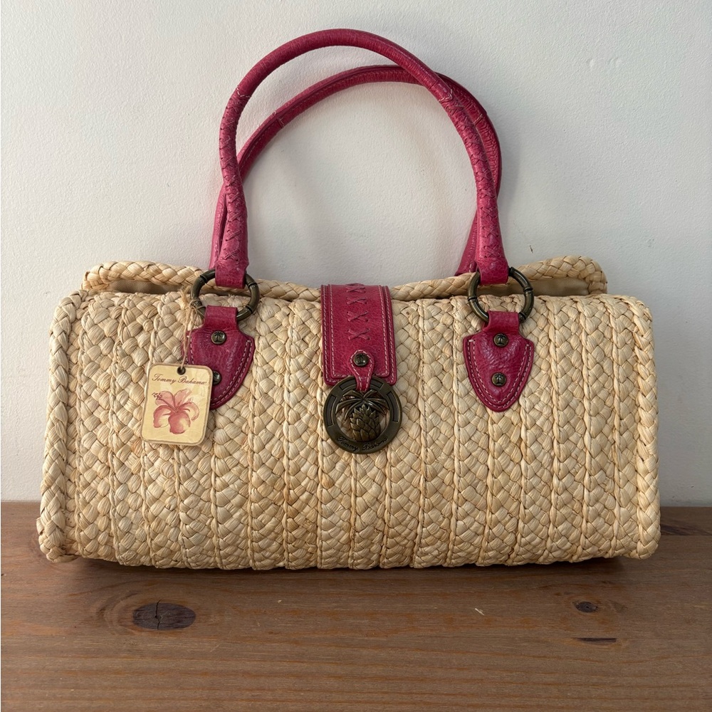 Tommy Bahama XL rattan and pink leather handbag New read